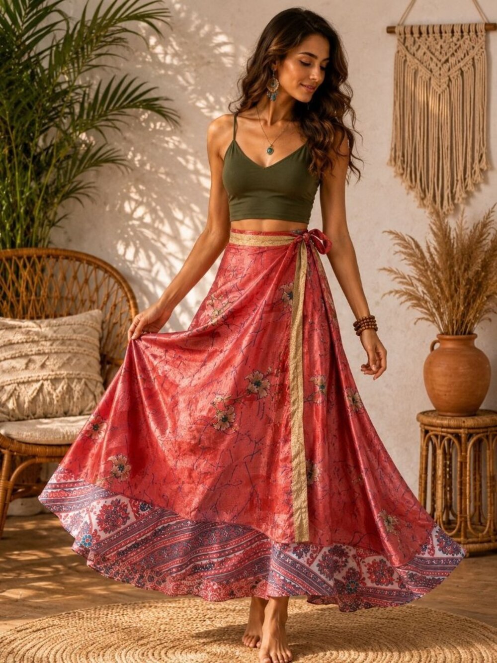 Reversible Sari Silk Magic Wrap Skirt Boho Festival Dress Pink Handmade India OS